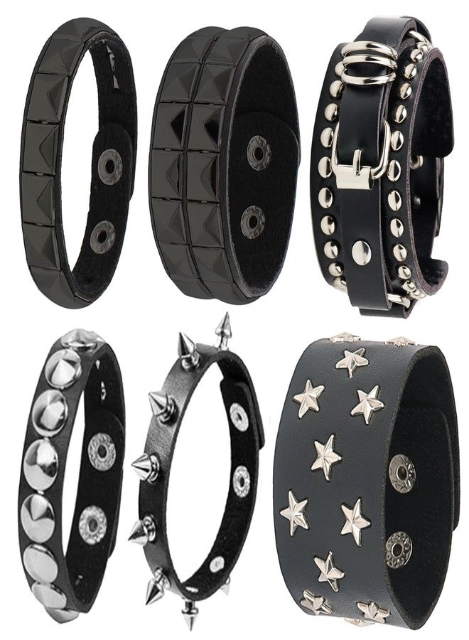 SHEHARUHI 6 PCS Studded Black Leather Rivet Punk Bracelet for Men & Women - Rock Rivet Wrap Retro Spike Bracelet - Adjustable Cuff Wrap Bangle Snap Button Metal Wristband - Image 1